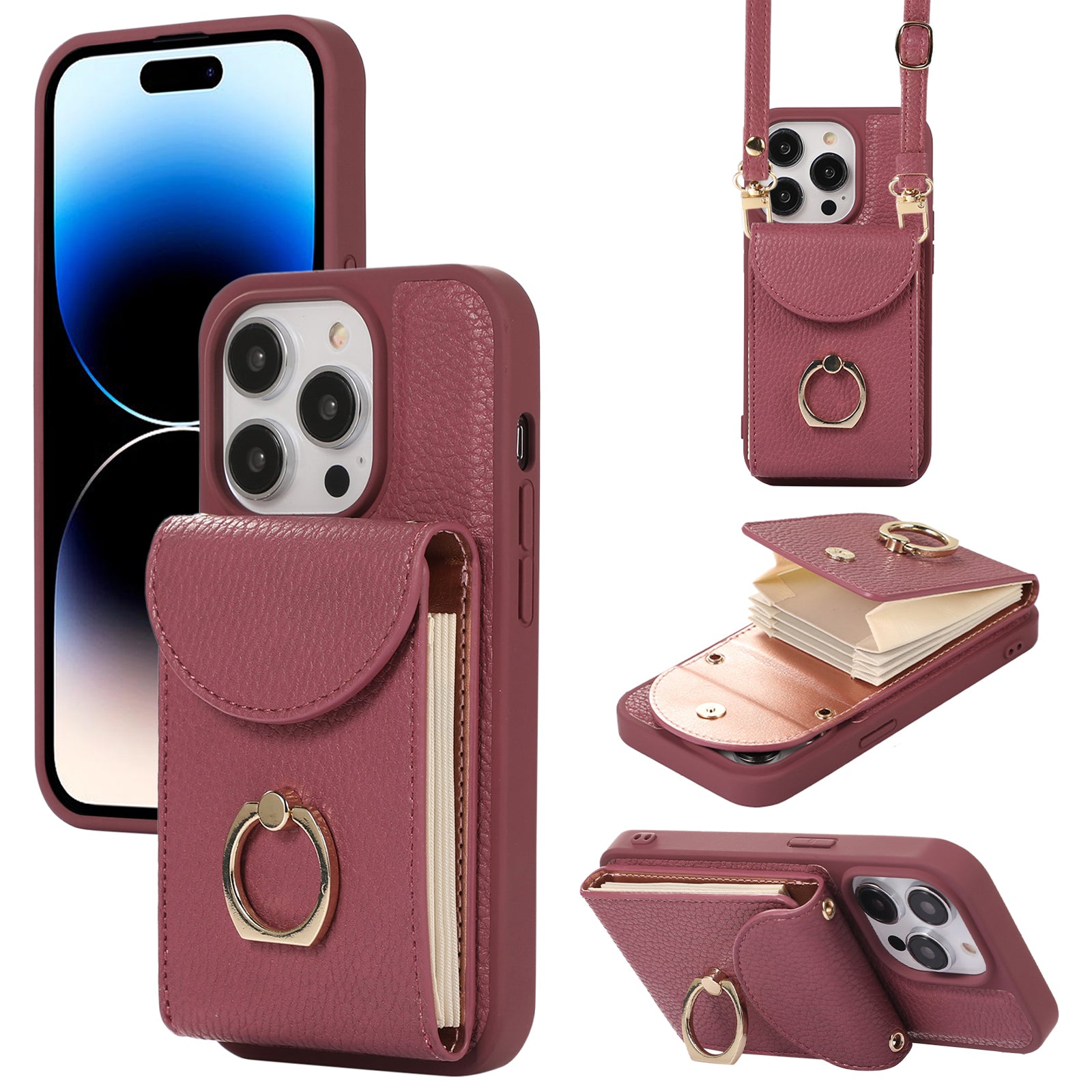 For iPhone 14 Pro Ring Kickstand Phone Case Accordion Style Card Slots Leather Coated TPU Cover with Shoulder Strap For iPhone 14 Pro Ring Kickstand Phone Case Accordion Style Card Slots Leather Coated TPU Cover with Shoulder Strap